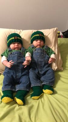 My 4 month old identical twin boys, dressed up as John Deere farmers! 