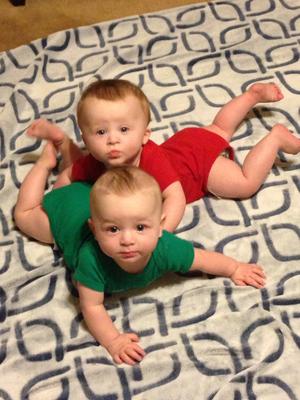 Jackson Cooper (in red) and Ryker James, 8 months