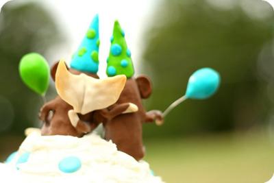 1st Birthday Cake w/ Twin Sock Monkeys (1 with Angel Wings)