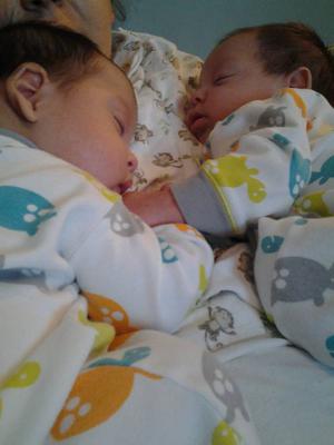 Our b/g twins at 3 months napping together and holding hands <3